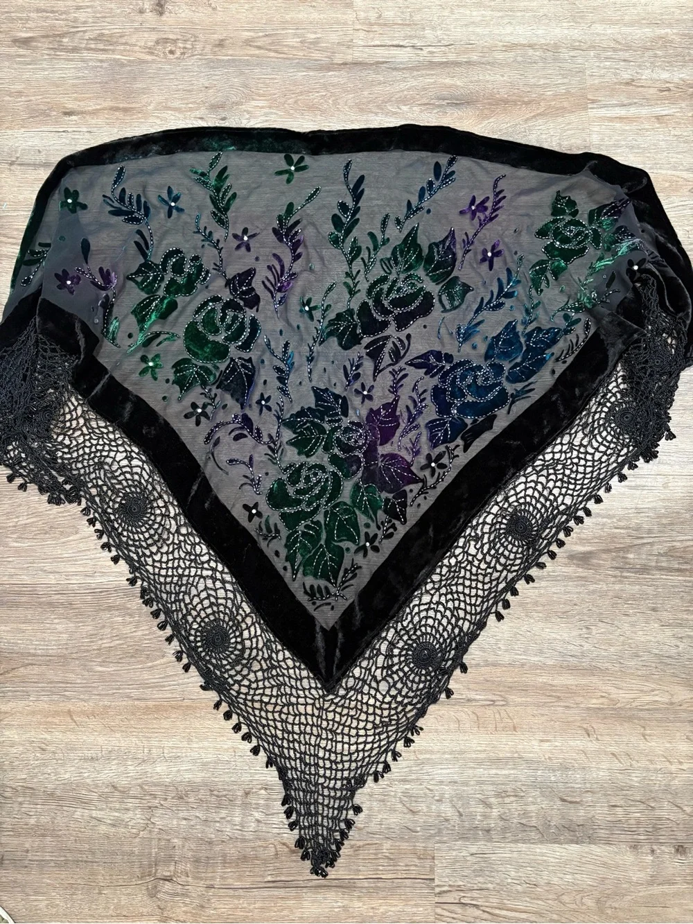Chico's Black Velvet Trim Floral Sheer Scarf with Green, Blue, Purple Accents